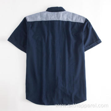 Men's Dark Blue Pockets Short Sleeve Embroidered Shirts